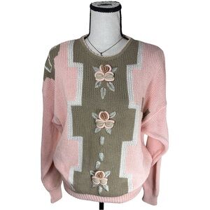 Aziza Vintage 80s Sweater | Pink and Olive Geometric Floral Knit